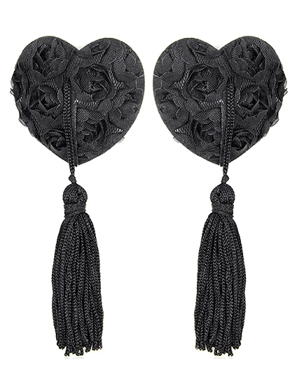 Caches Tétons Coeur Roses Noir Sexy Pompon