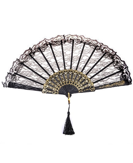 L'Eventail Luxe Dentelle Noir et Doré avec Pompon