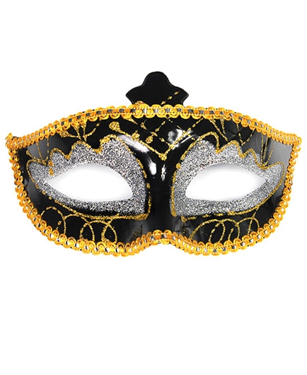Masque Vénitien Luxe Noir Paillettes Dorées et Argent