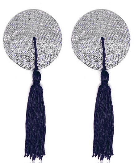 Caches Tétons Paillettes Gris Argent et Pompon Noir