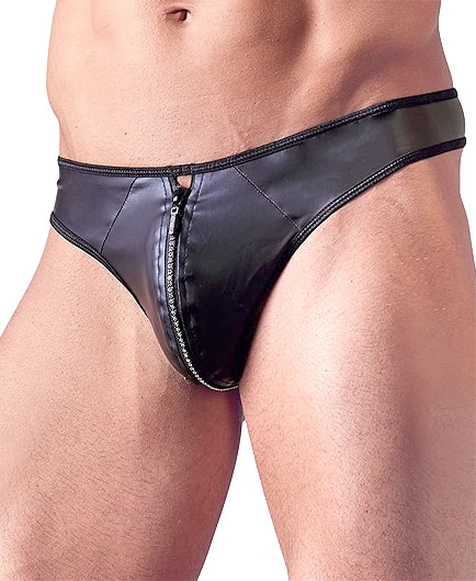 String Noir Effet Mouillé avec Fermeture Eclair Strass