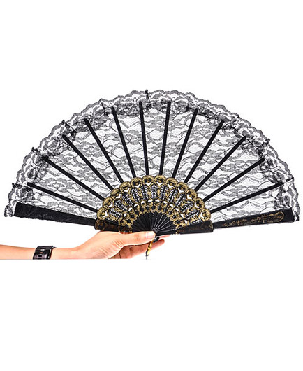 L'Eventail Luxe Dentelle Noir et Doré avec Pompon - photo 3