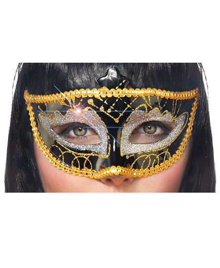 Masque Vénitien Luxe Noir Paillettes Dorées et Argent - photo 2